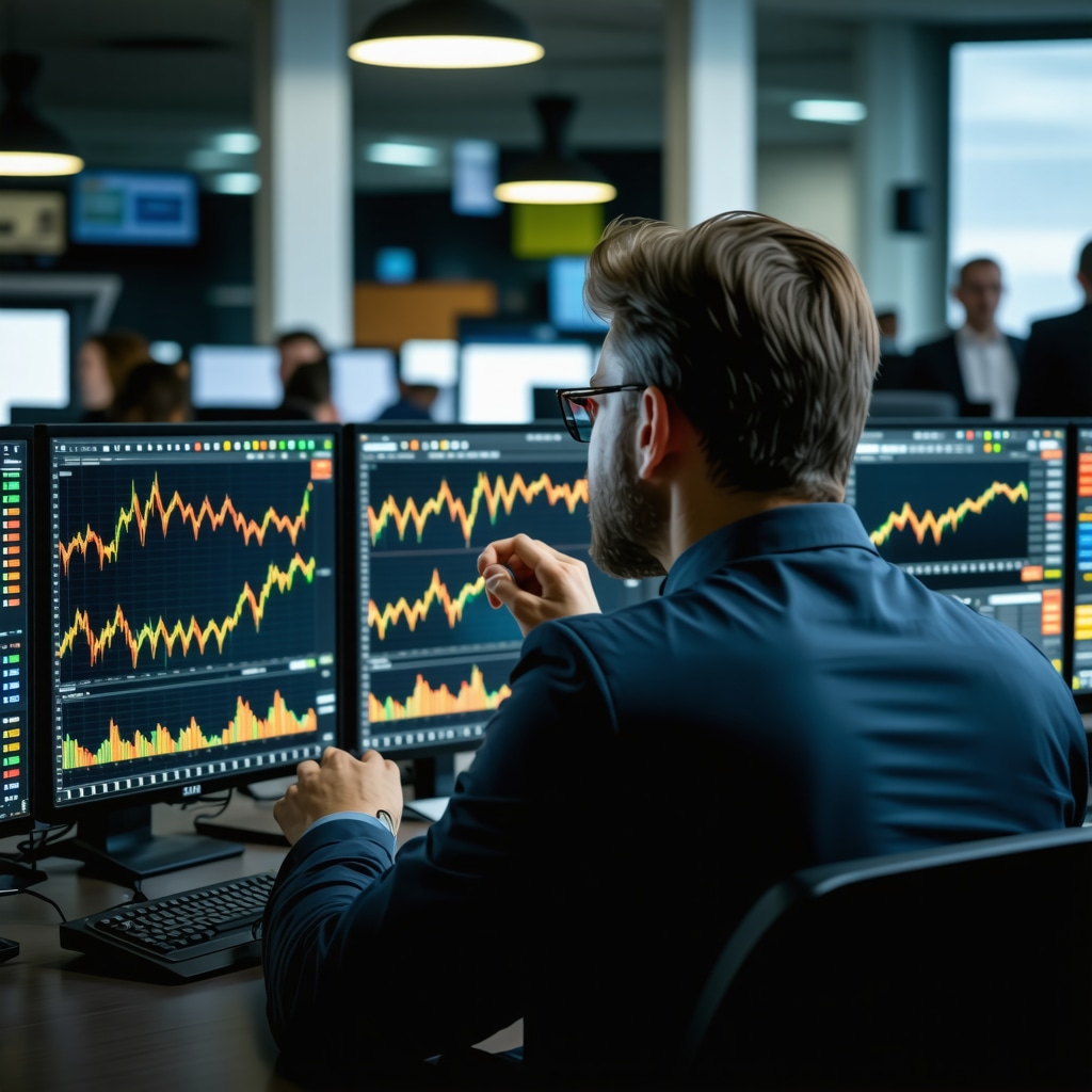 Investor studying gold price charts, ESG criteria, and central bank gold purchase data in a high-tech office