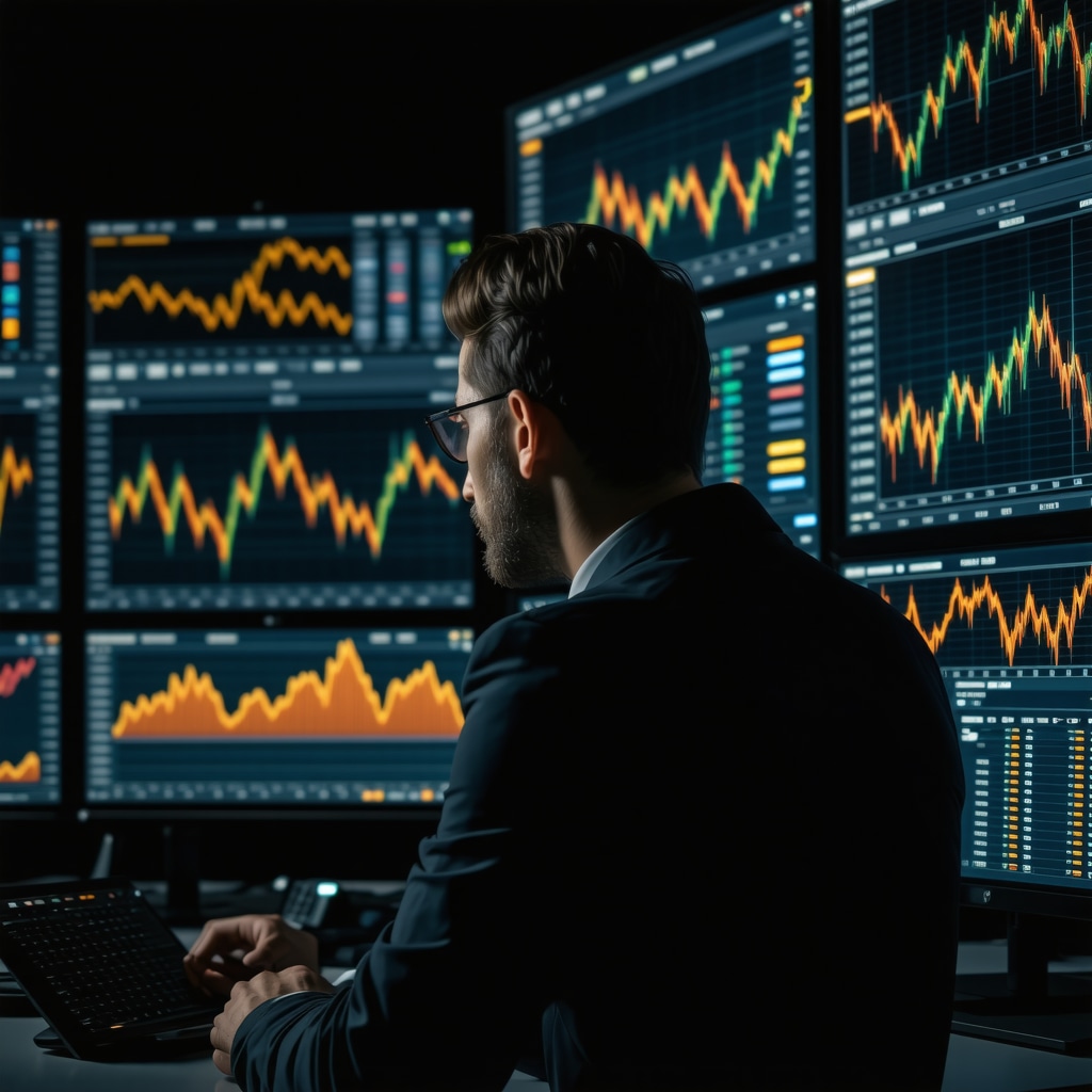 Investor reviewing gold market data with ESG and economic indicators on screens