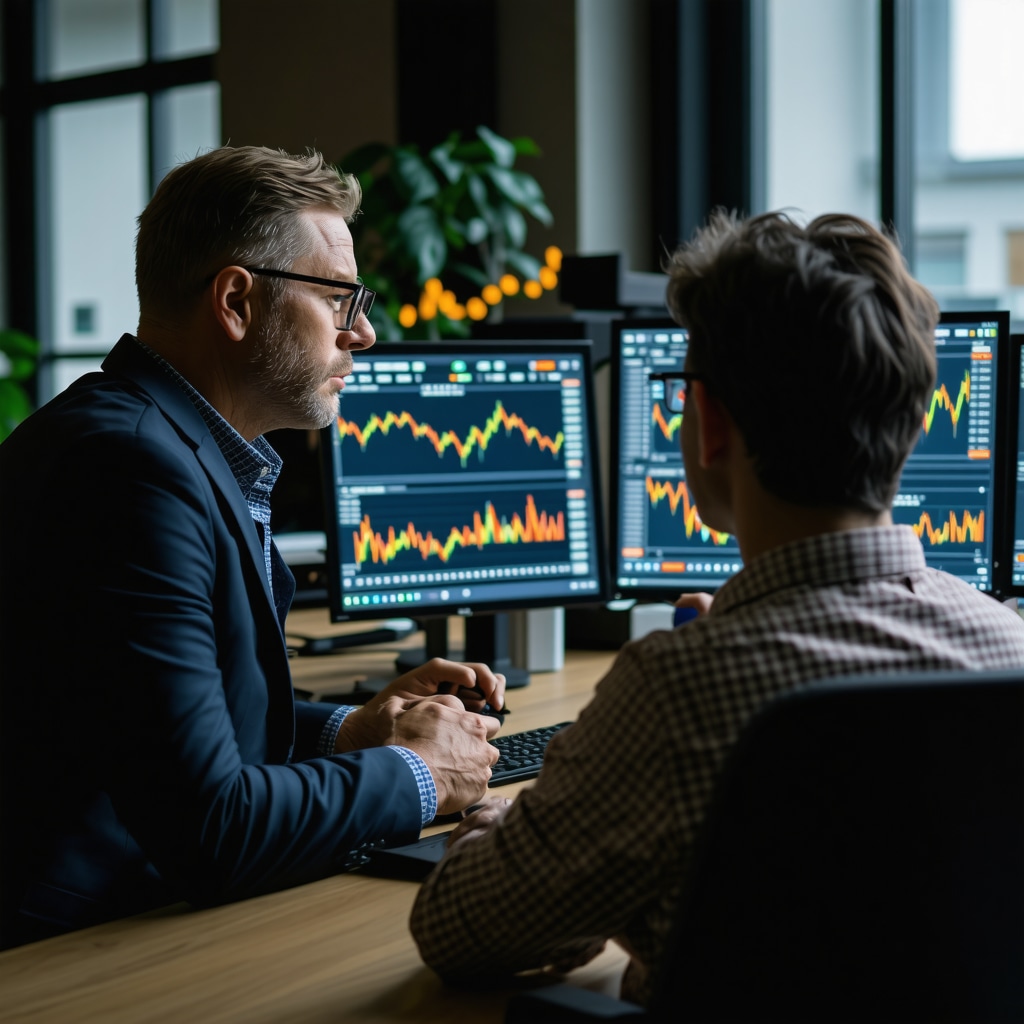 Professional investor reviewing gold ETFs and mutual funds volatility and tax efficiency charts on computer monitors