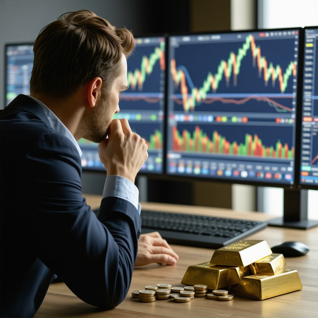 Investor reviewing gold stock charts and physical gold bars to strategize investment