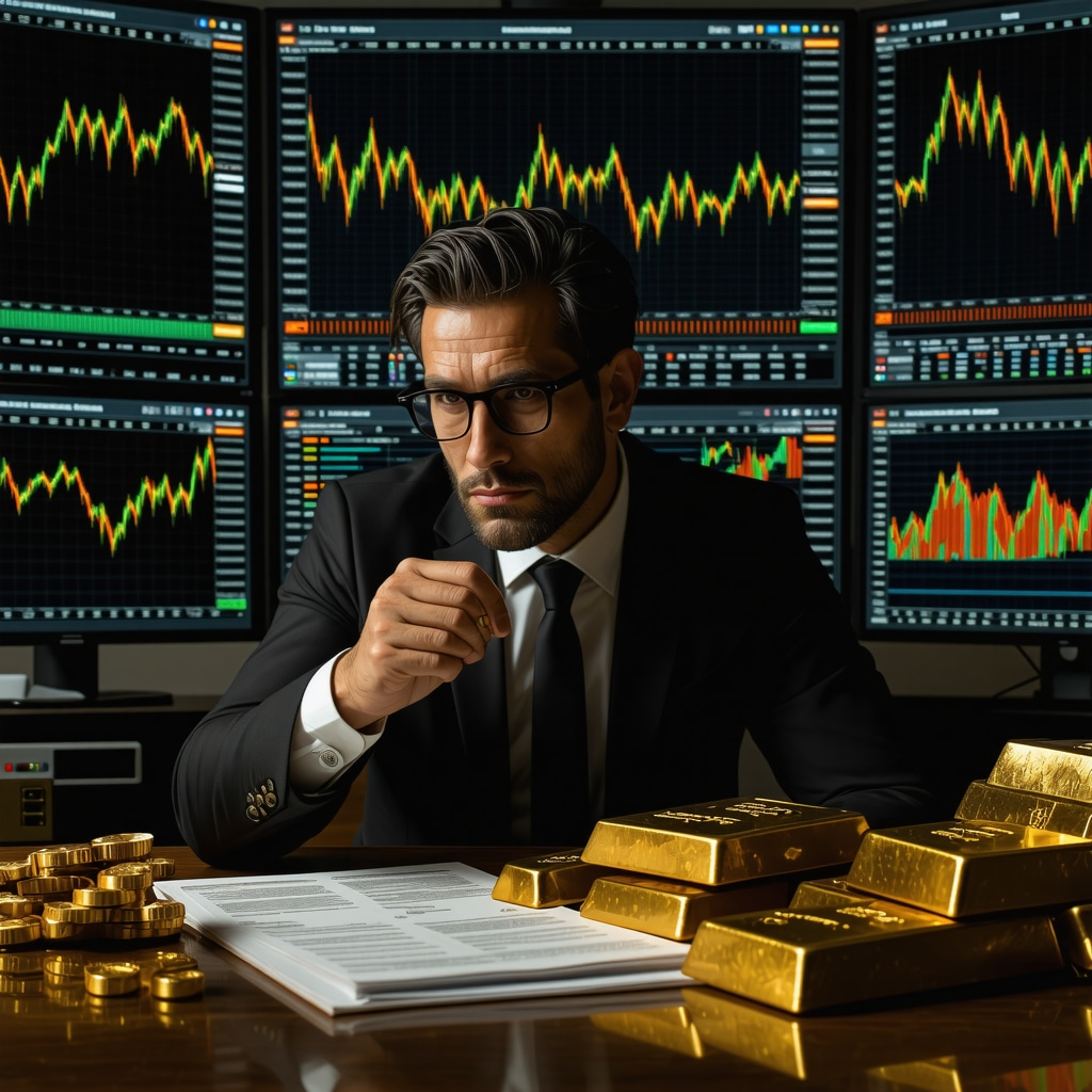 Investor analyzing gold stock market trends and sentiment indicators on multiple screens with gold bars and charts