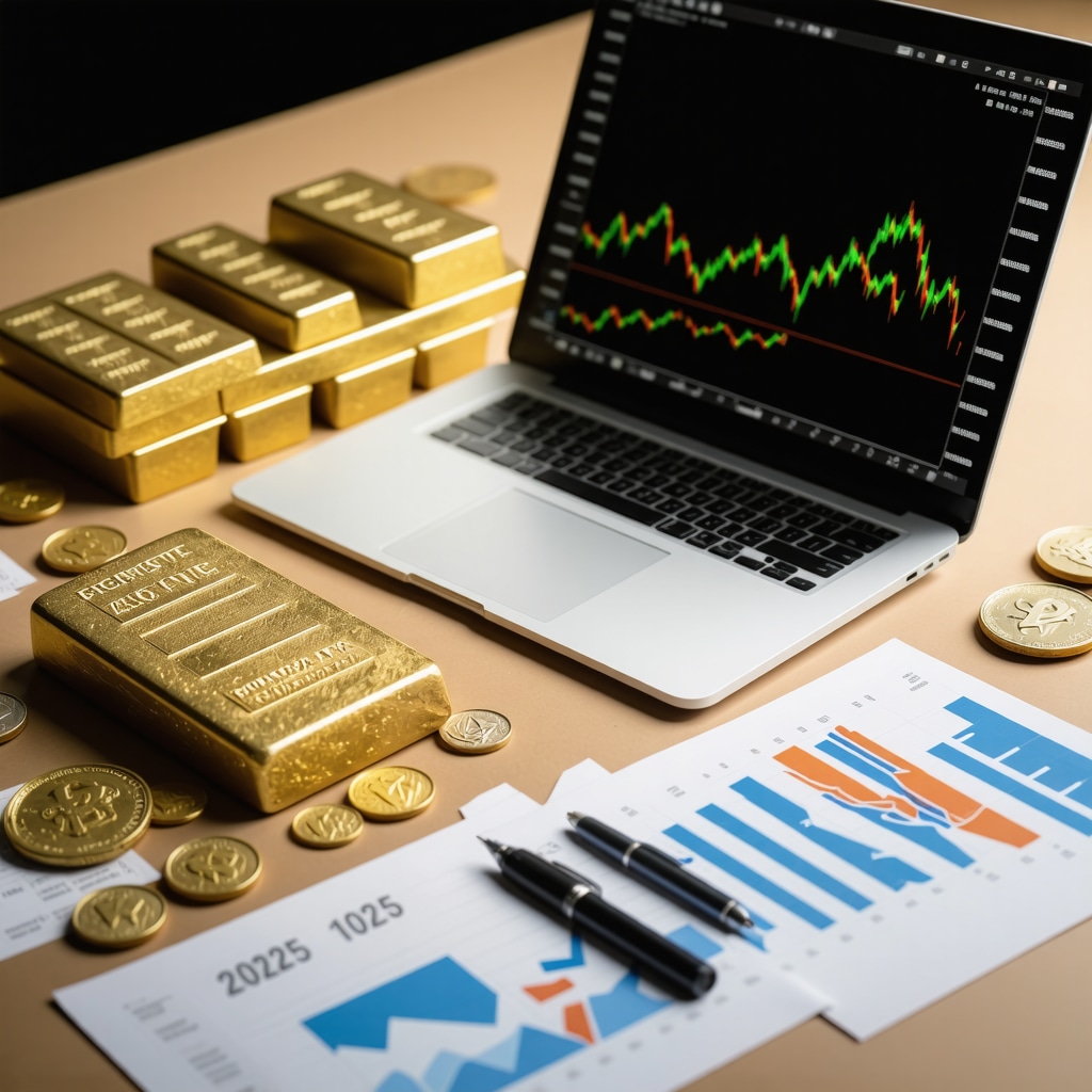 Physical gold bars and coins alongside a laptop displaying gold ETF charts on a wooden desk