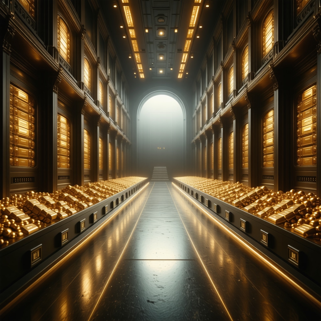 Secure vault storing gold bars and coins with blockchain verification technology