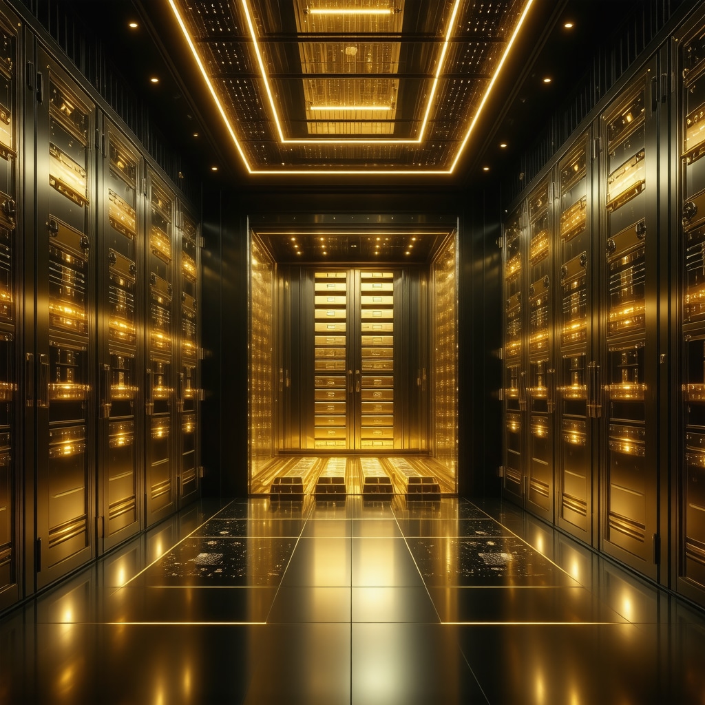 High-tech gold vault combining physical gold bars with blockchain digital security system