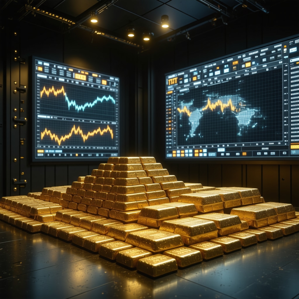 Physical gold bars in a secure vault with digital screens showing gold ETF prices and blockchain information
