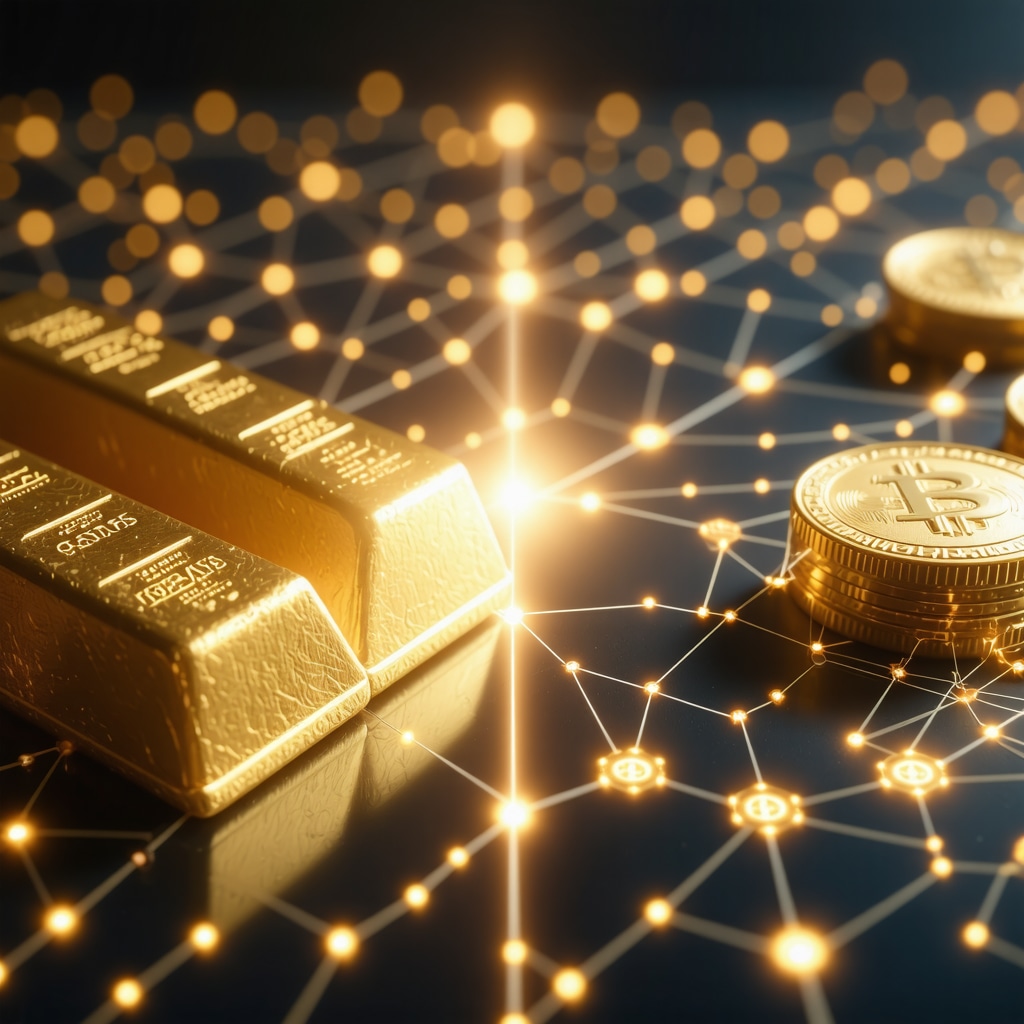 Split image depicting physical gold bars and digital gold tokens linked through blockchain network visuals