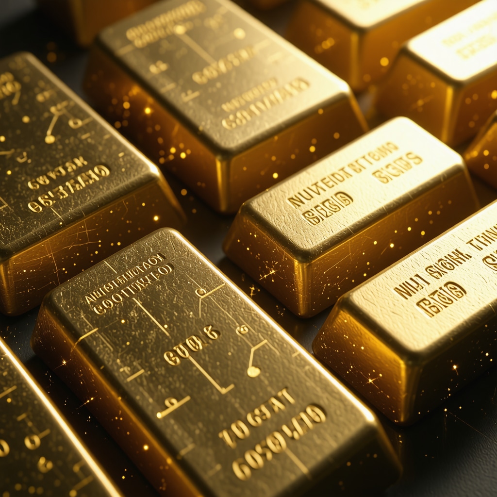 Physical gold bars with a digital blockchain graphic representing advanced authentication methods in gold trading