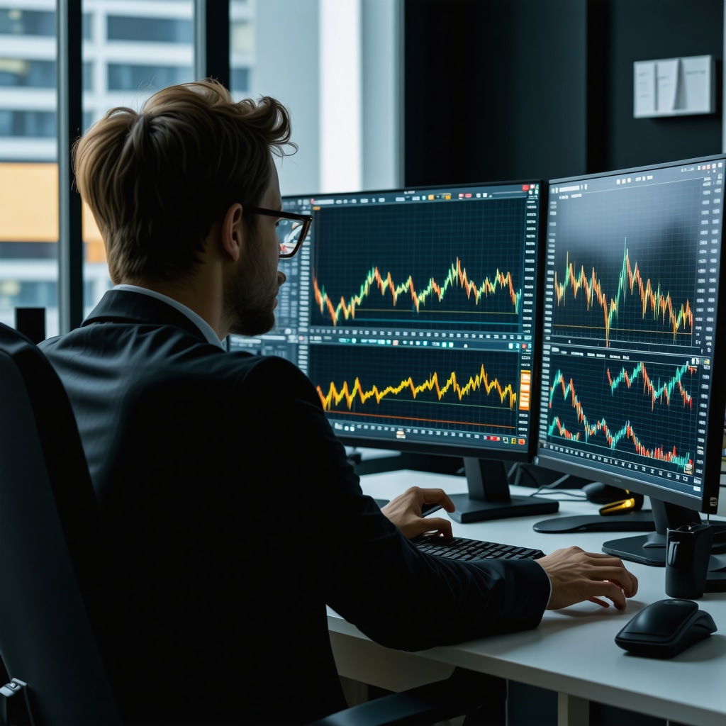 Data scientist analyzing gold market charts and quantitative data on multiple screens