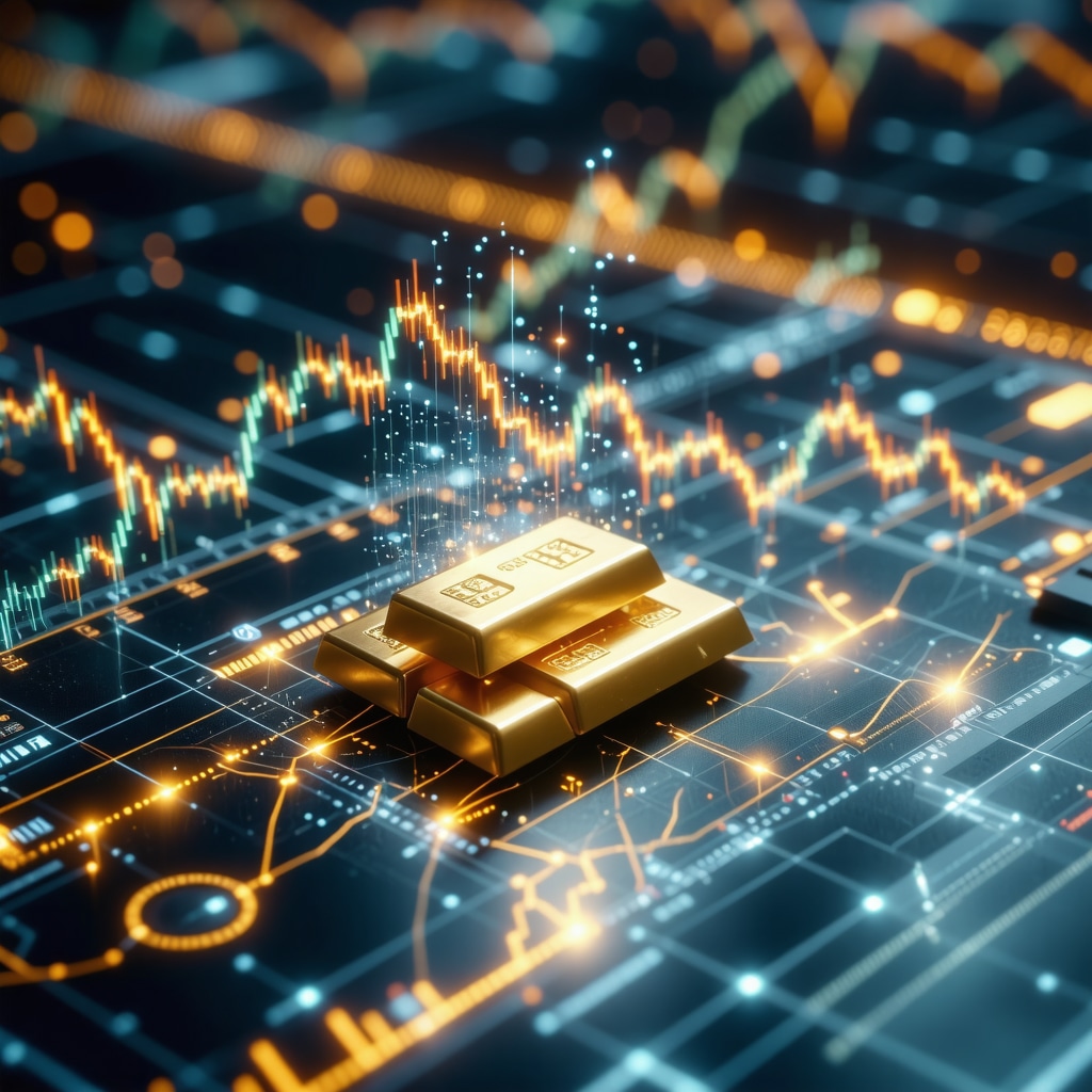 Visualization of quantum computing and AI algorithms analyzing gold market data with holographic charts and gold bars