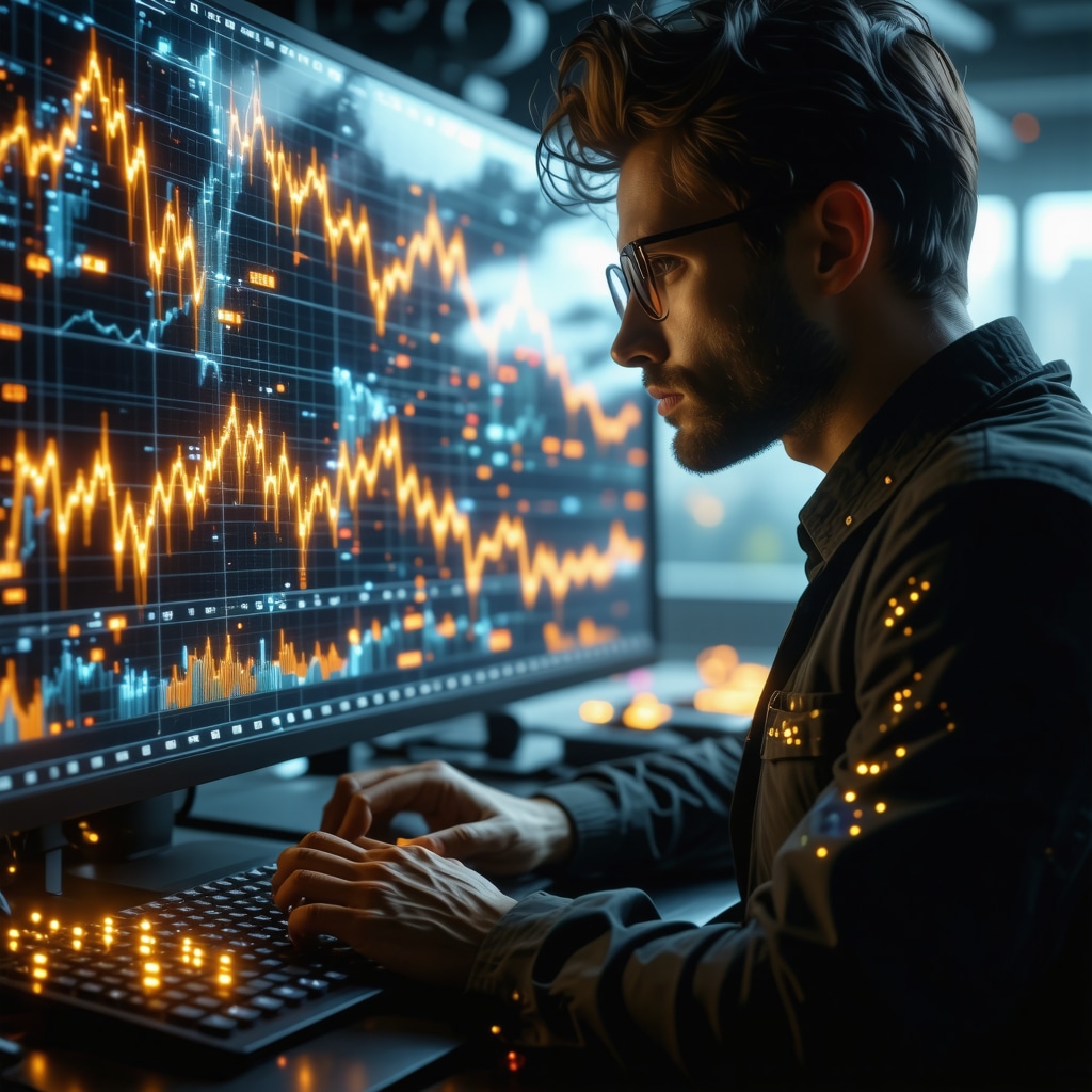 Futuristic analyst using quantum computing and satellite data for gold investment analysis