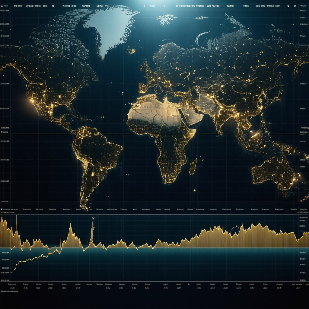 Futuristic screen showing quantum data analytics and gold price charts with geopolitical overlays