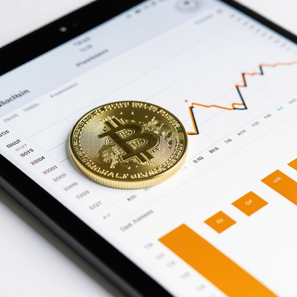 Close-up of a gold coin alongside digital blockchain and analytics graphics