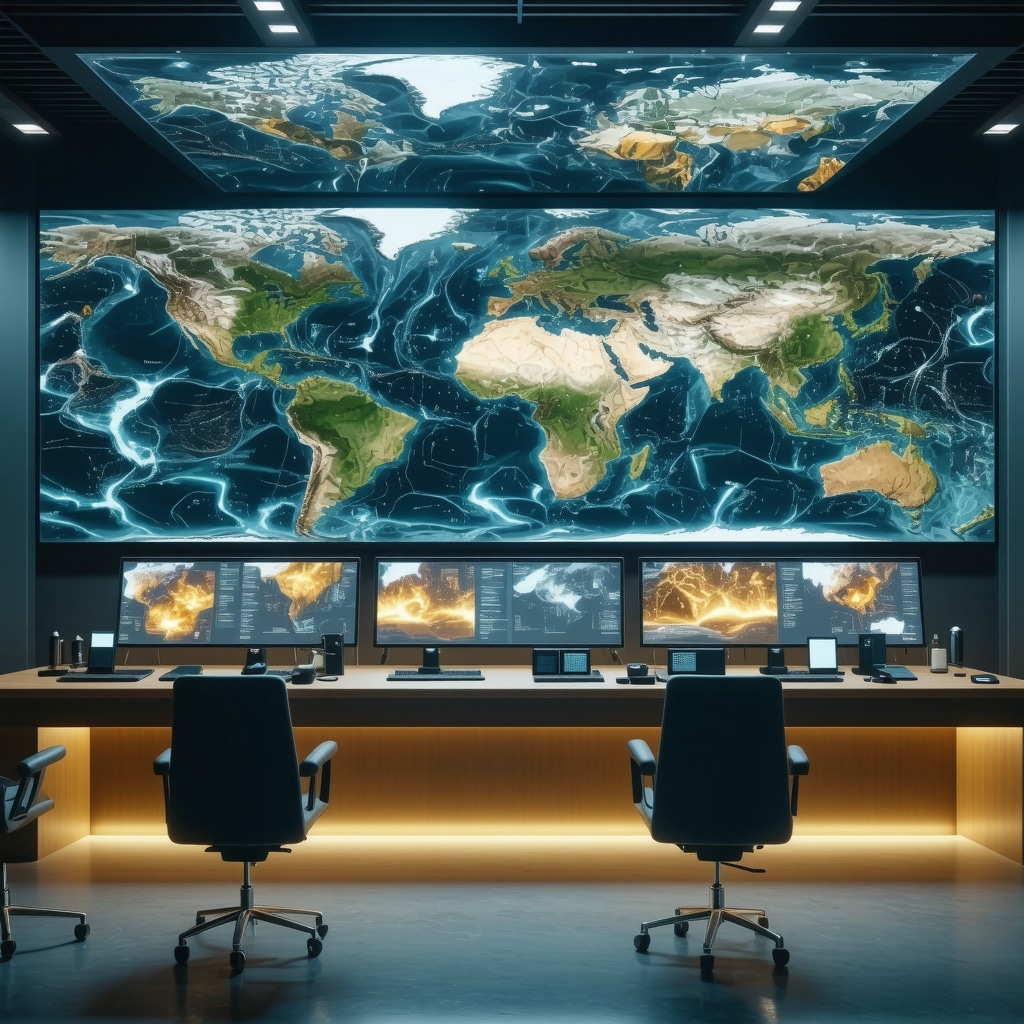 Control room with satellite images and IoT data visualizing gold supply chain and geopolitical risk