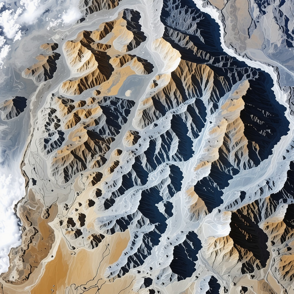 Satellite view of gold mining areas overlaid with data analytics charts illustrating supply chain and geopolitical risk factors
