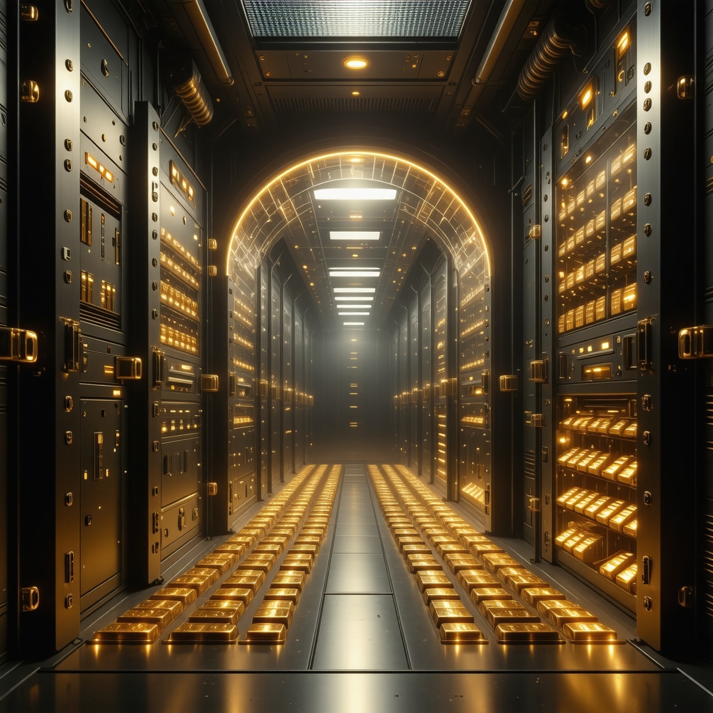 Futuristic vault storing gold bars with digital blockchain verification overlays