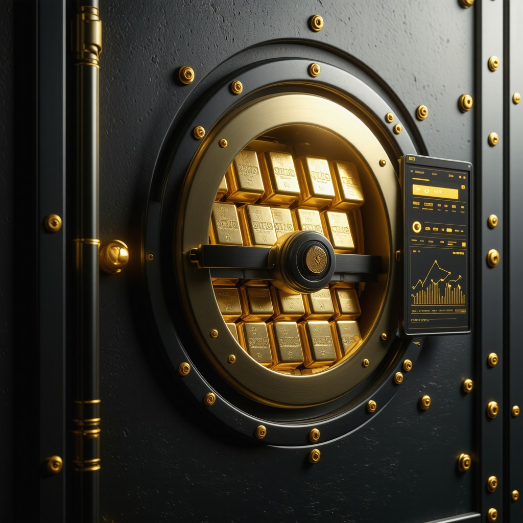 High-tech gold vault with biometric security and blockchain authentication display