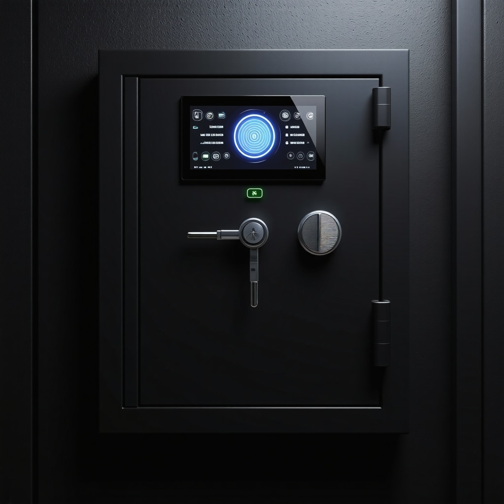 High-tech smart safe equipped with biometric and IoT sensors showing real-time security data