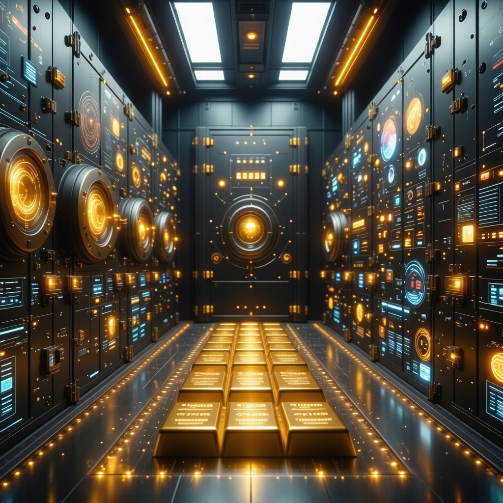 Illustration of a high-tech smart vault using AI and IoT sensors to monitor physical gold security and environmental conditions