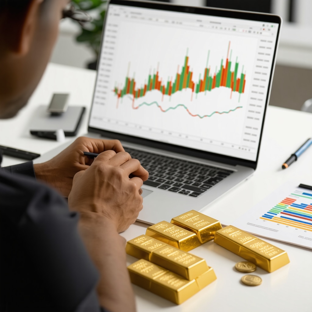 Person analyzing gold investment charts with gold bars and coins on desk