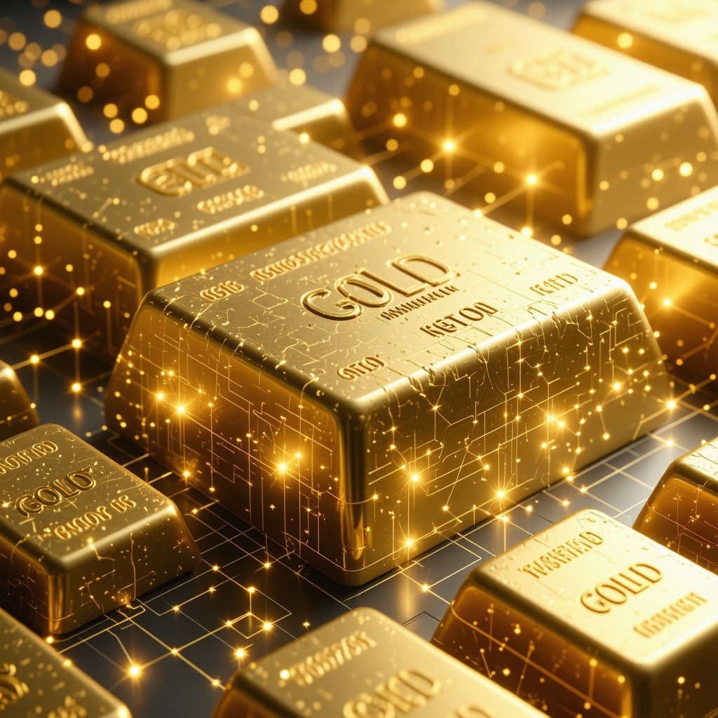 Digital gold bars converting into blockchain tokens representing tokenized gold ETFs