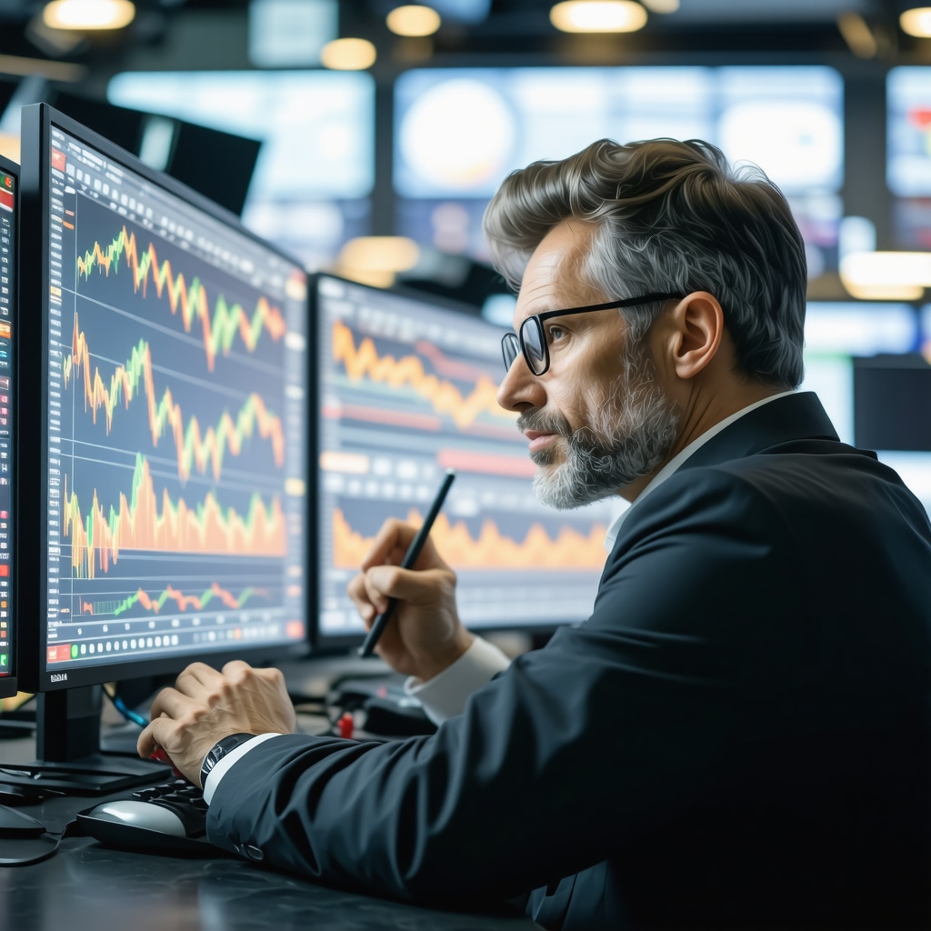 Trader analyzing gold price charts with technical indicators on screens