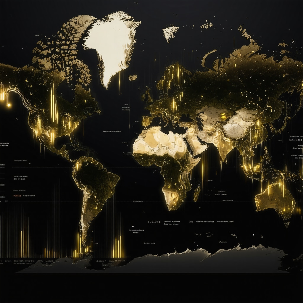 Digital dashboard showing AI sentiment analysis, gold price charts, ESG indicators, and global regulatory zones