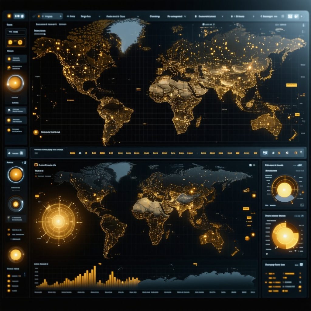Futuristic dashboard showing AI and blockchain data visualizations related to gold market trends