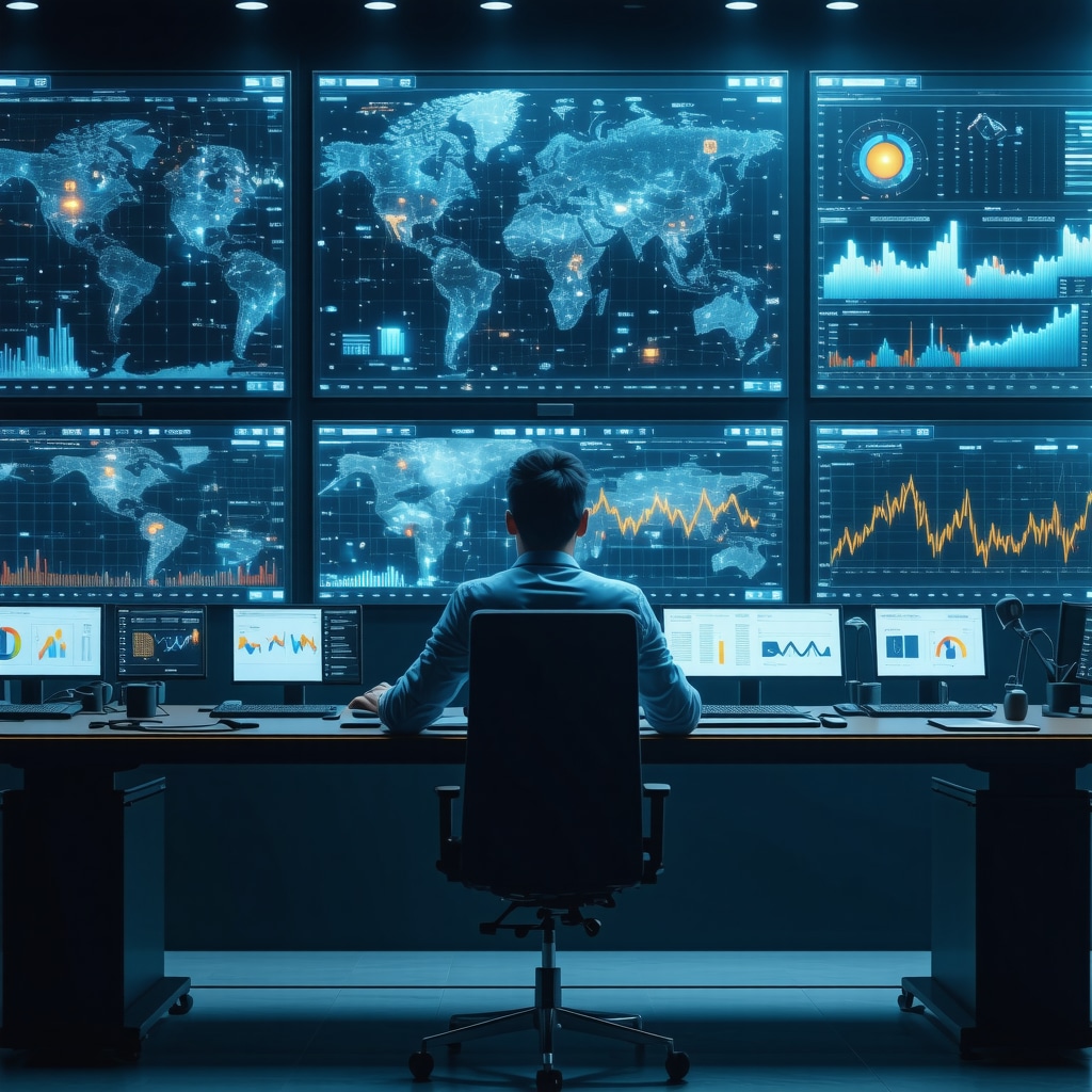 Futuristic trading desk showcasing AI sentiment analysis and blockchain ESG data for gold stocks