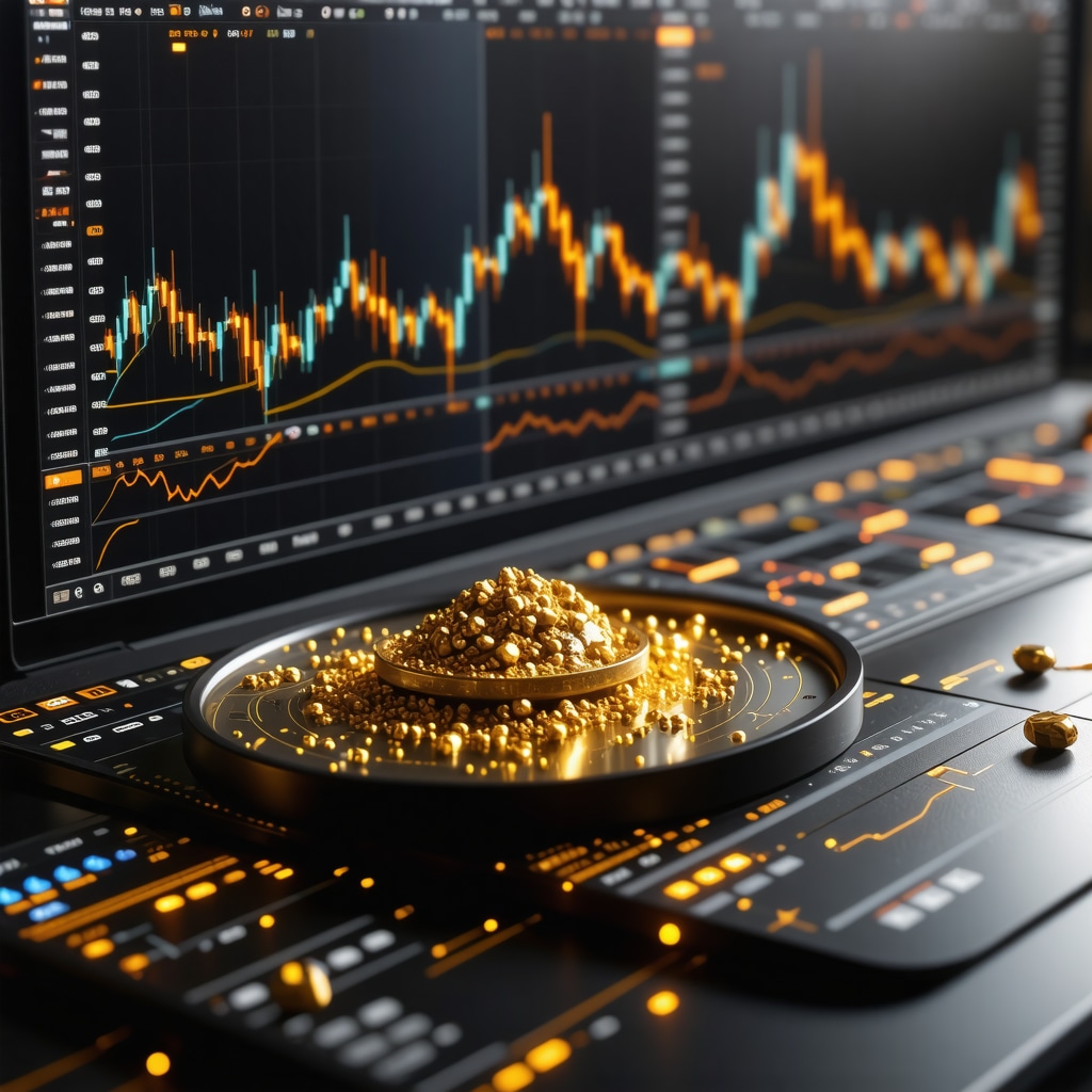 Futuristic digital gold trading platform showcasing AI analytics and blockchain technology