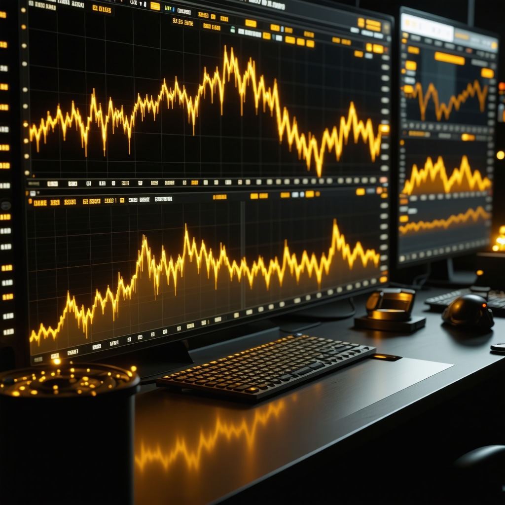 Futuristic trading desk with AI interfaces analyzing gold market data