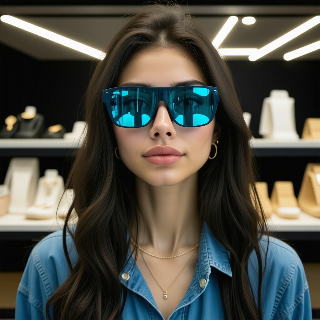 Consumer trying virtual jewelry using augmented reality glasses in a retail store.