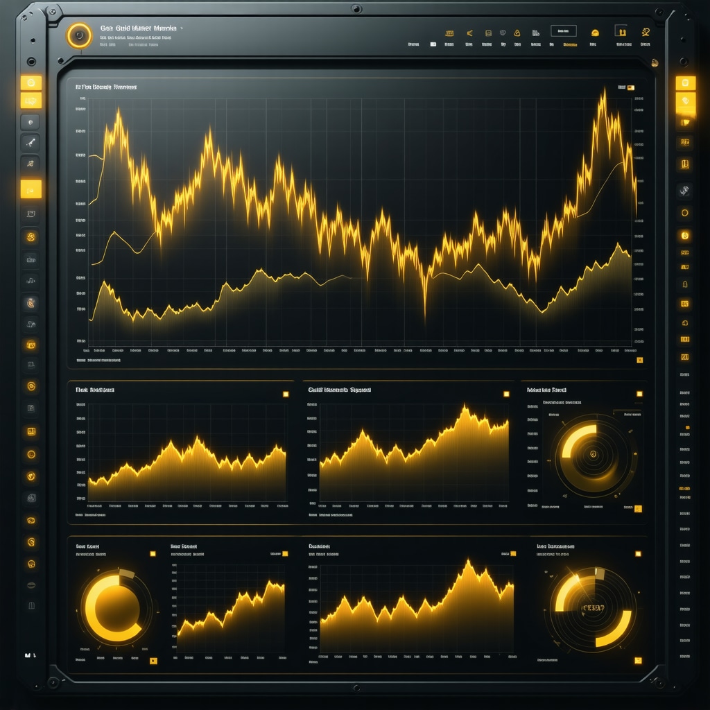 Futuristic data dashboard displaying gold market analytics and AI visuals