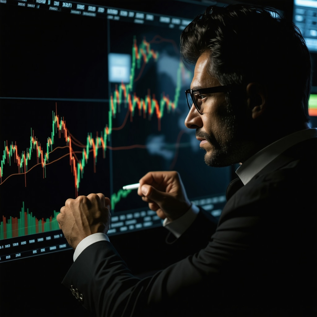 Financial analyst studying gold and stock performance charts with digital data overlays
