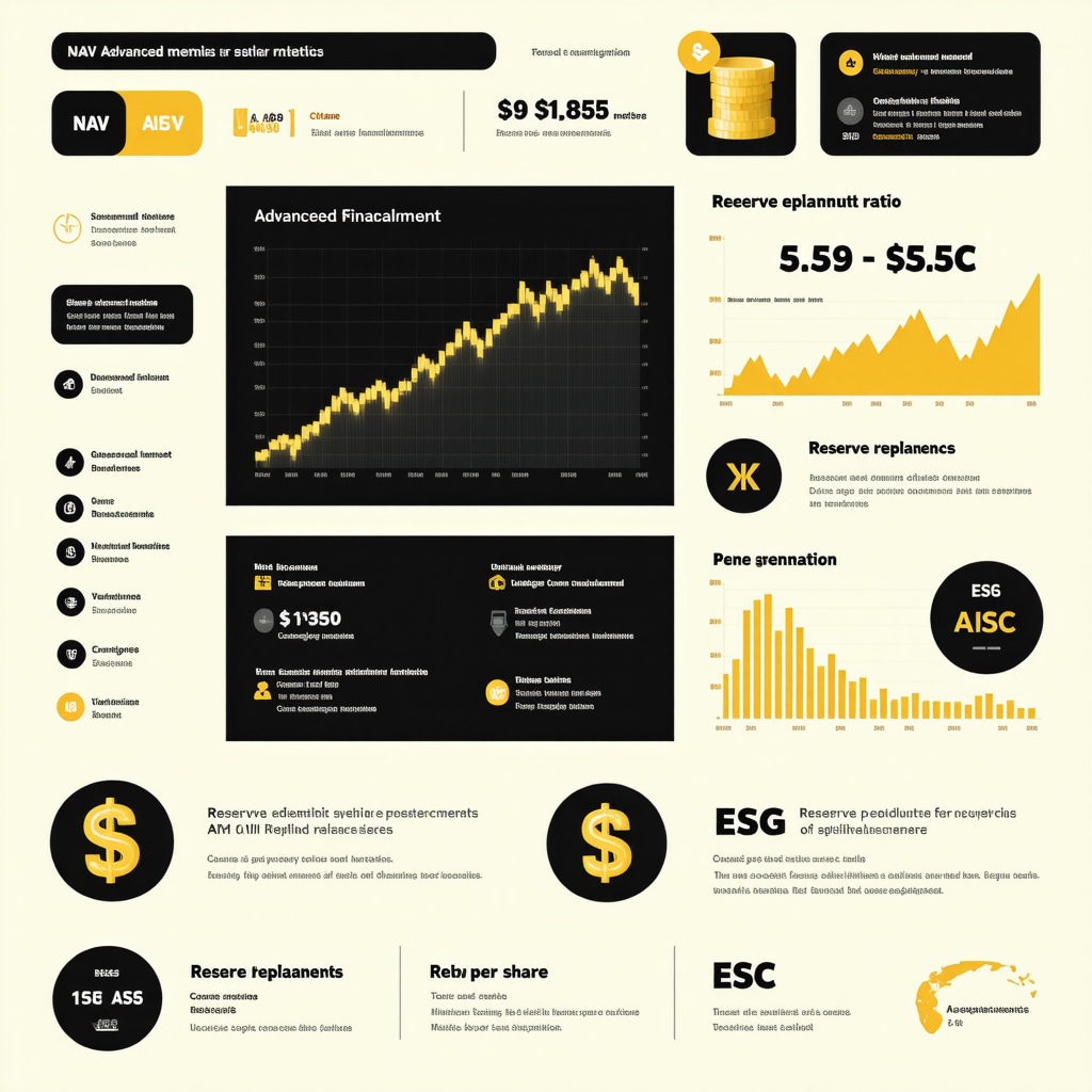Infographic showing advanced financial metrics like NAV, reserve replacement ratio, AISC, and ESG factors for gold mining stocks