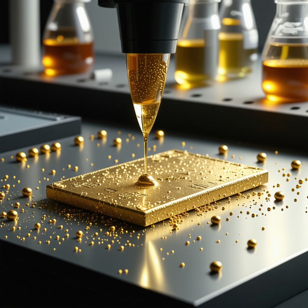 High-tech laboratory with futuristic gold authentication tools and blockchain technology