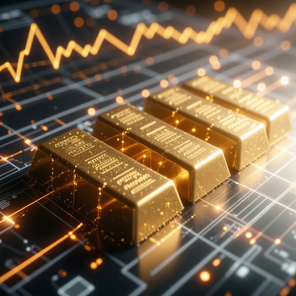 Digital display of gold bars with blockchain and AI analytics overlays