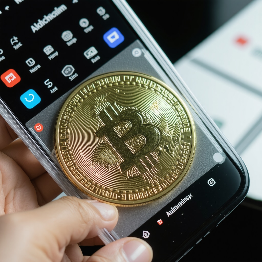Gold coin scanned by AI device with blockchain certificate overlay