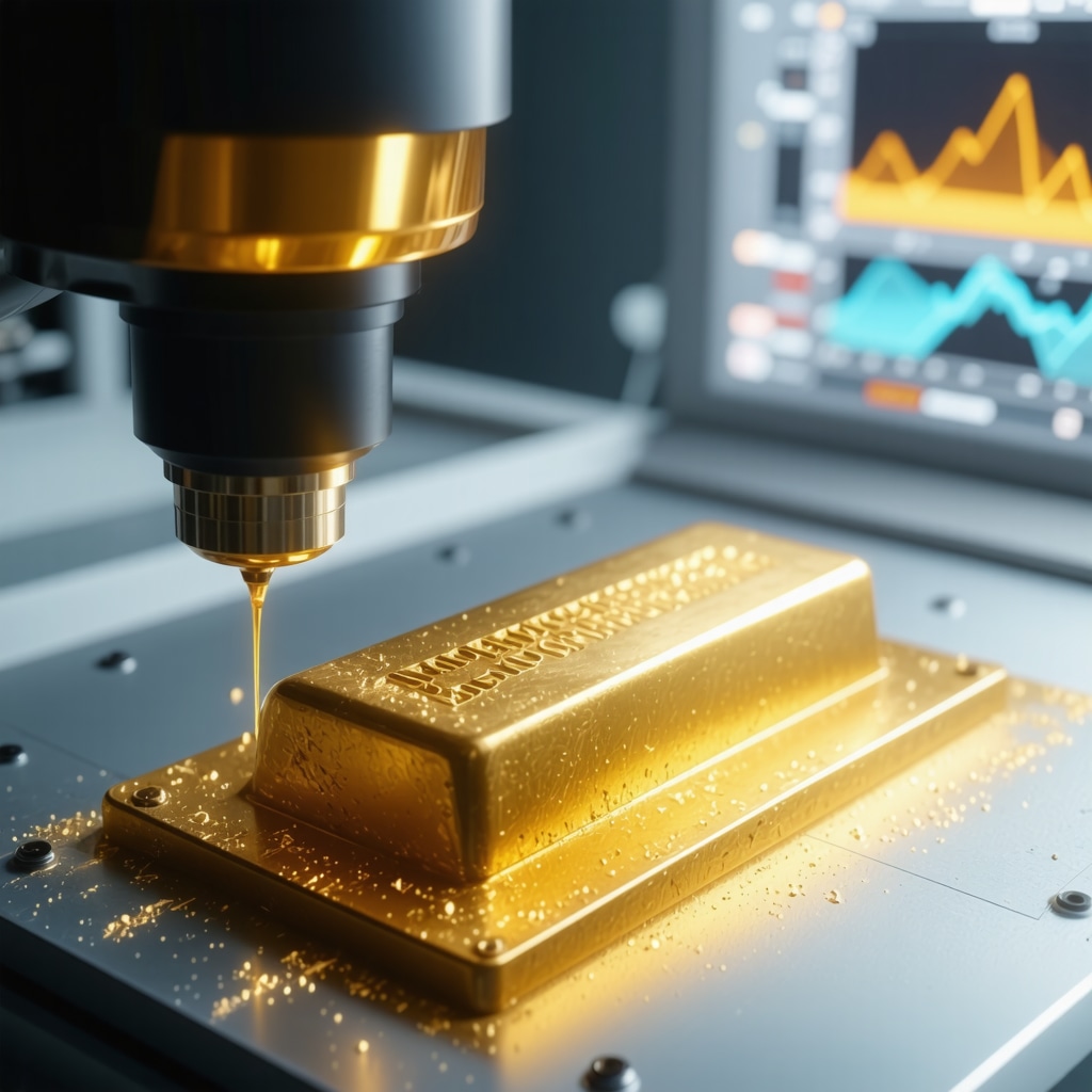 Gold bar being verified with XRF analyzer and blockchain provenance on digital screen