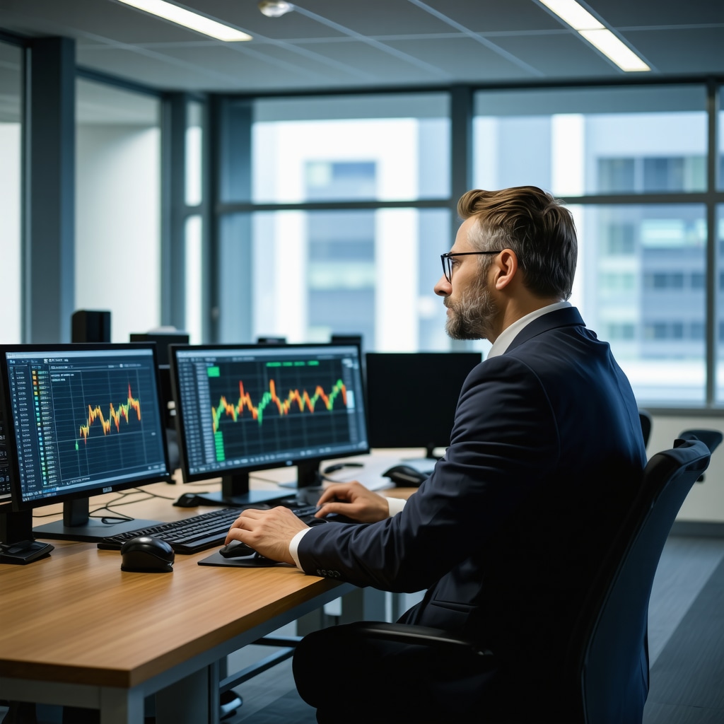 Financial analyst analyzing gold futures and options strategies on multiple screens.