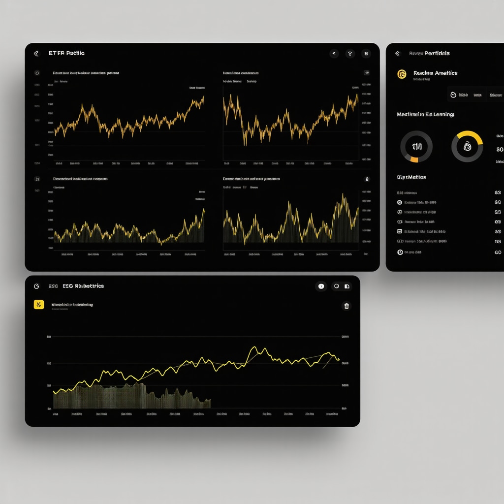 Digital dashboard showing machine learning models, ESG scores, and algorithmic rebalancing data for gold ETFs