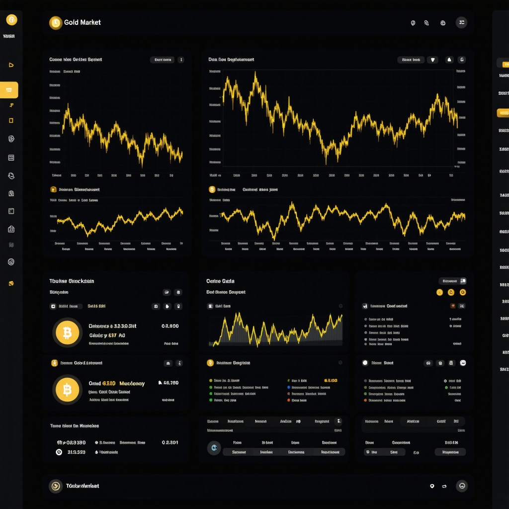 Futuristic financial dashboard with gold market analytics and blockchain data