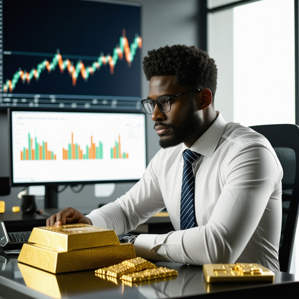 Investor analyzing physical gold, digital gold platforms, and financial charts in a modern office setting