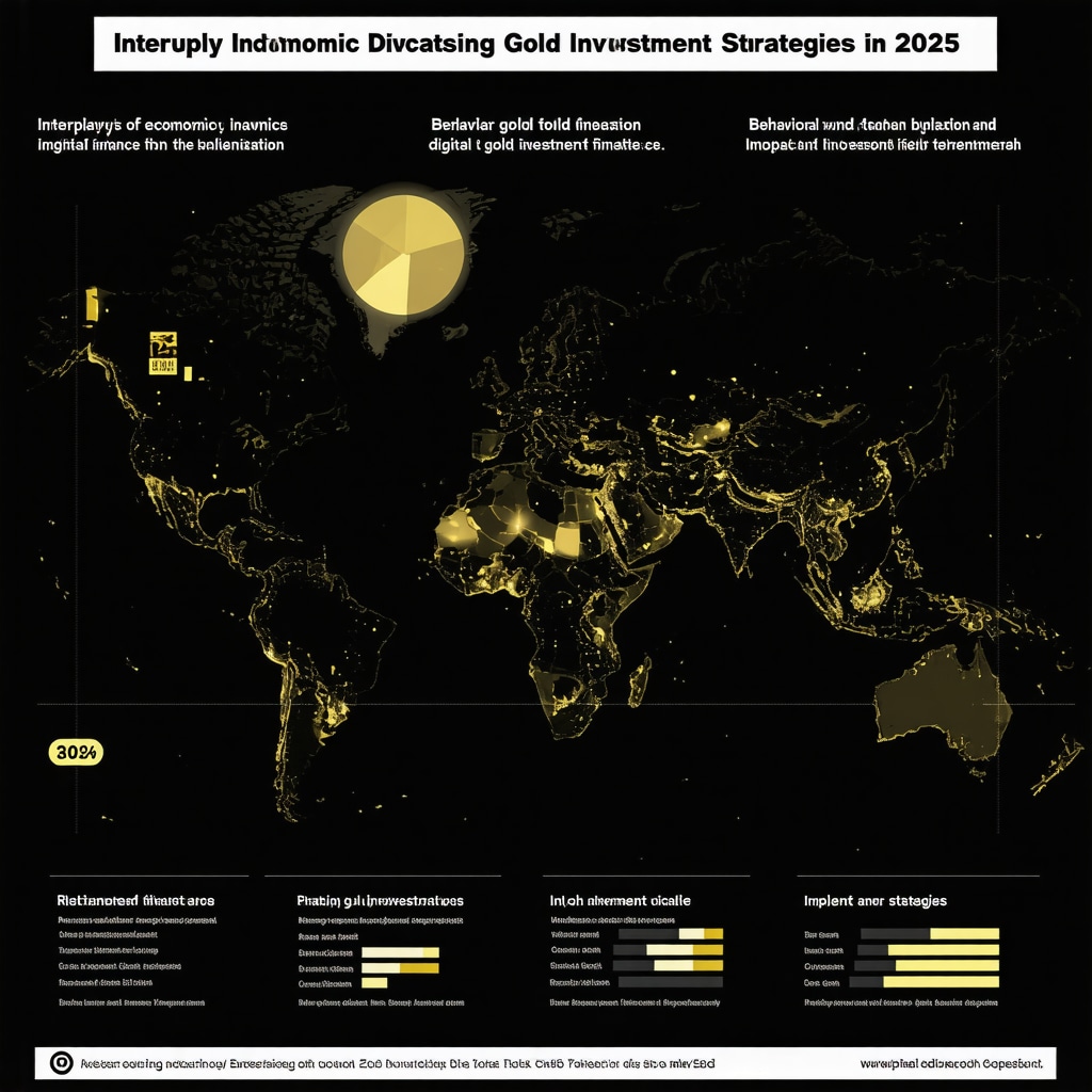 Infographic illustrating economic signals, behavioral finance models, and digital gold innovations influencing gold investing in 2025