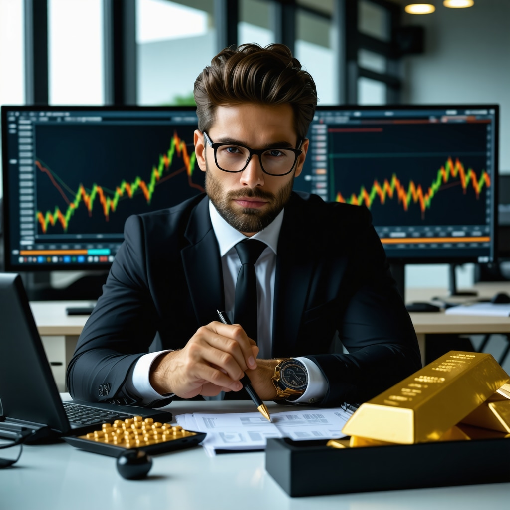 Investor analyzing gold market trends with charts and gold bars in office