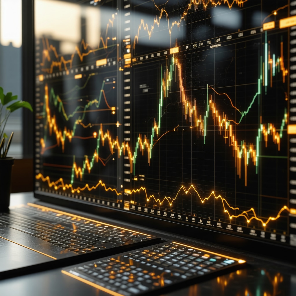 Futuristic financial analysis tools and gold charts for 2025 market predictions.