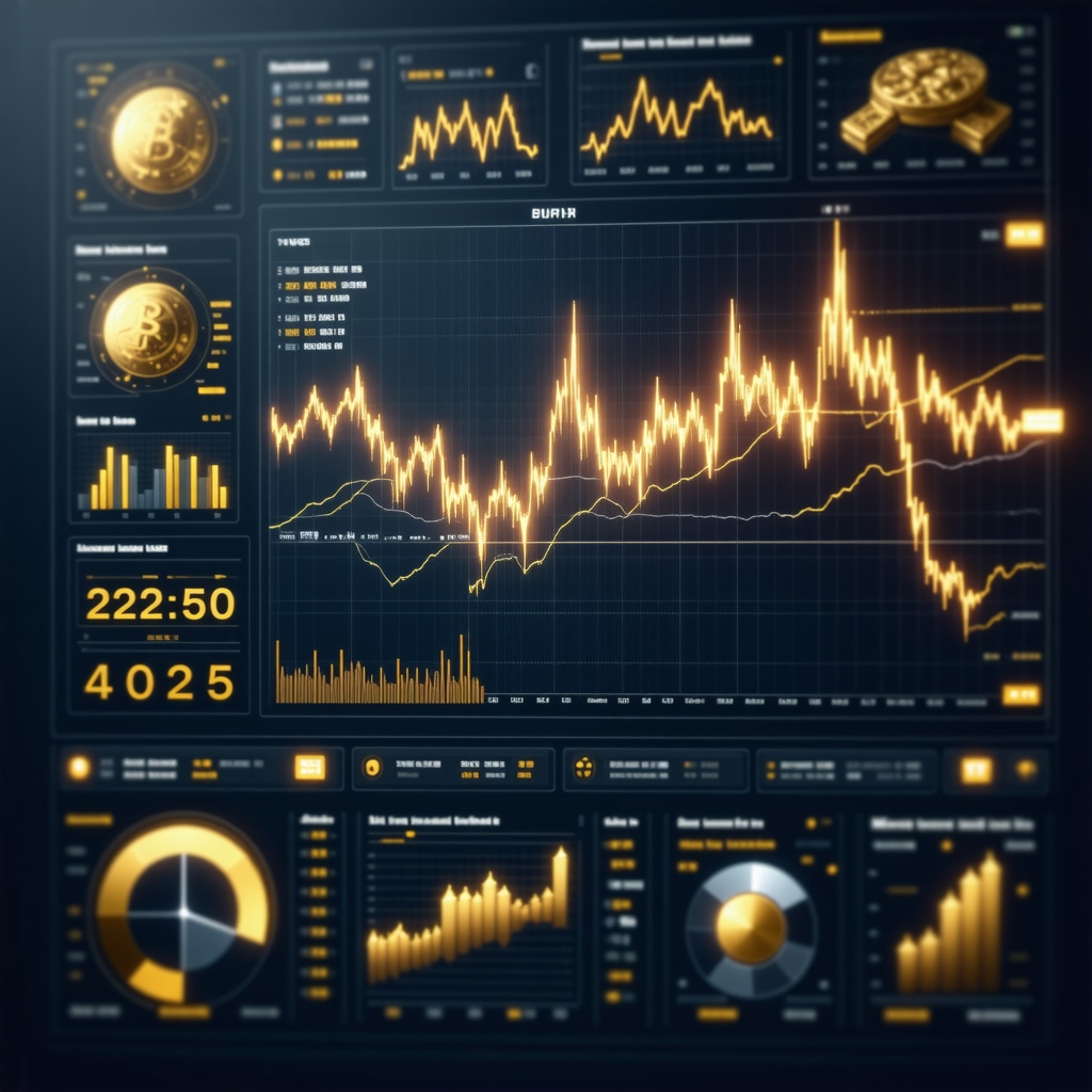 Digital interface showing gold price charts, blockchain verification, and sentiment analysis graphs for 2025 gold market