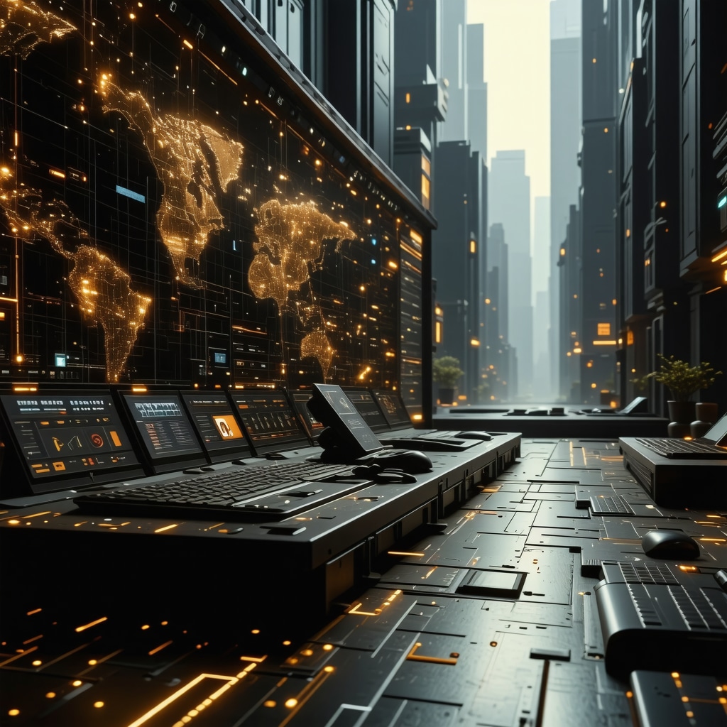 Futuristic trading desk showcasing blockchain and AI interfaces for gold trading