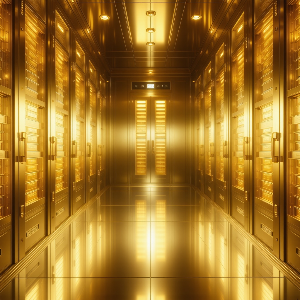 Modern gold vault showcasing biometric access controls and digital inventory tracking with gold bars securely stored