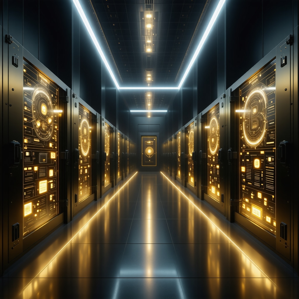 Interior view of a futuristic gold vault featuring biometric access controls, blockchain visual interfaces, and renewable energy installations