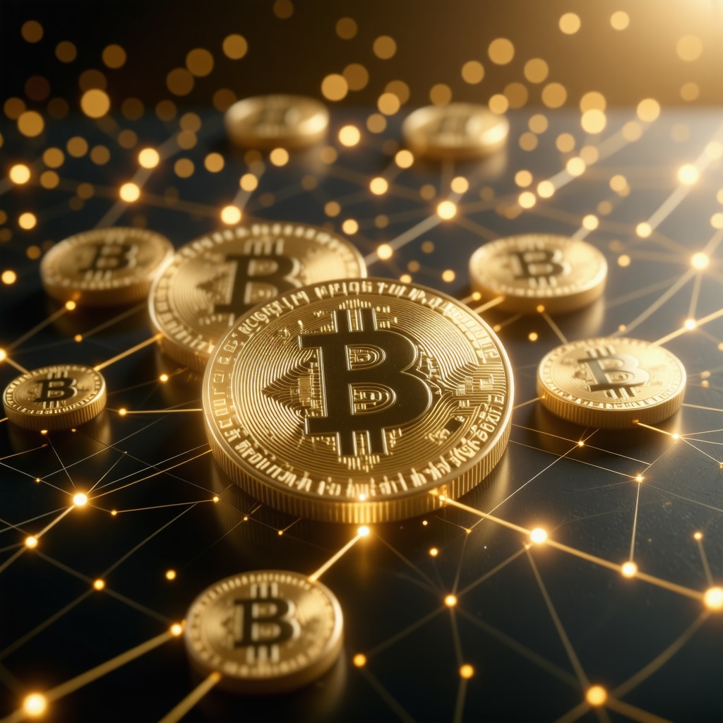 Digital blockchain network connected to gold coins representing secure authentication.